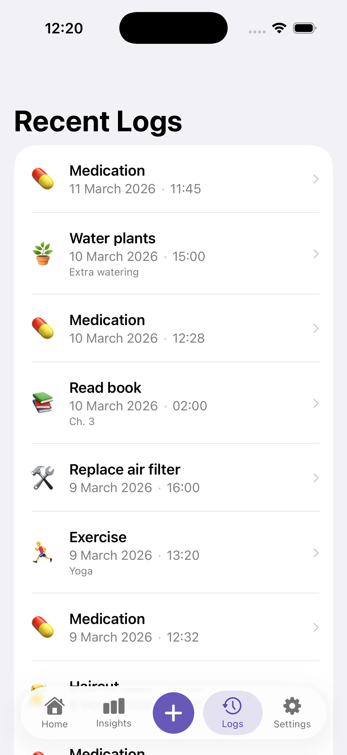 Recent Logs list with dates, times and notes